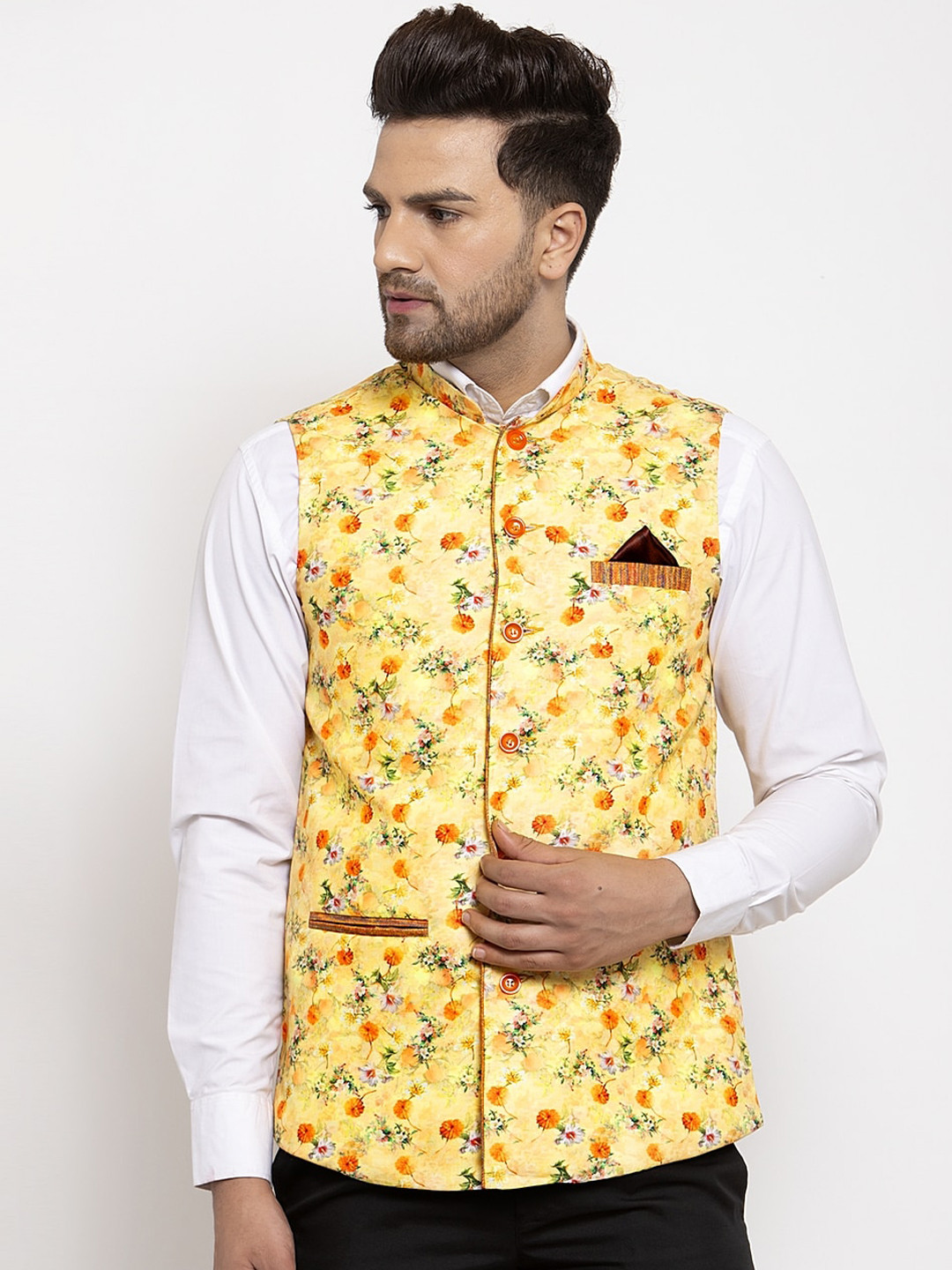 

KLOTTHE Men Yellow & Orange Floral Woven Nehru Jacket