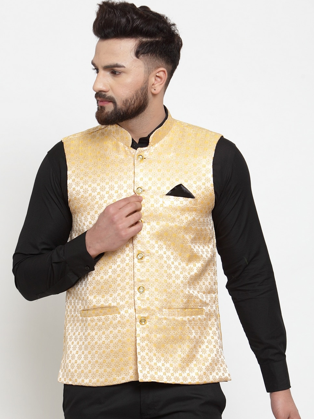 

KLOTTHE Men Beige Woven-Design Nehru Jacket