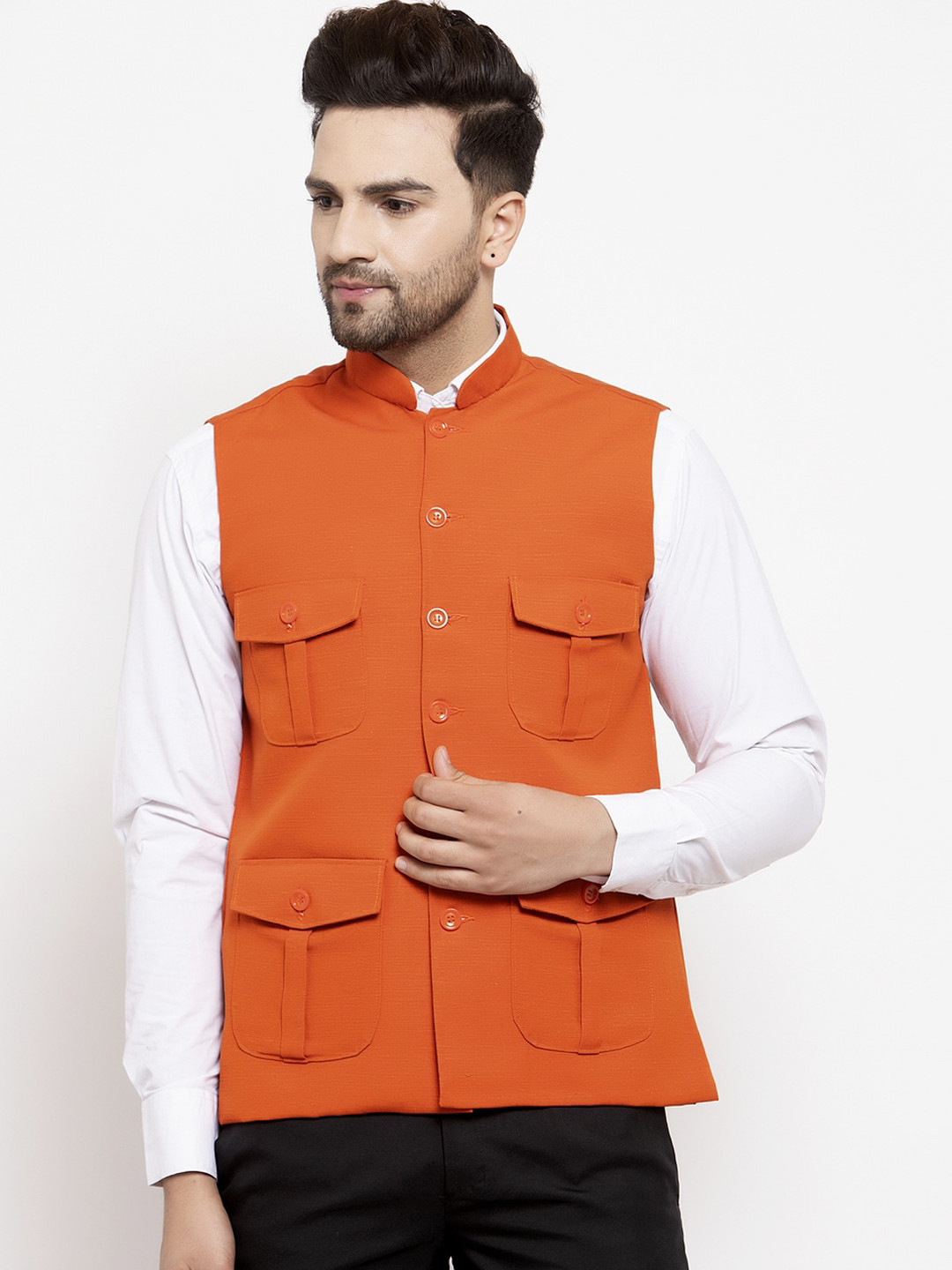 

KLOTTHE Men Orange Solid Woven Nehru Jacket