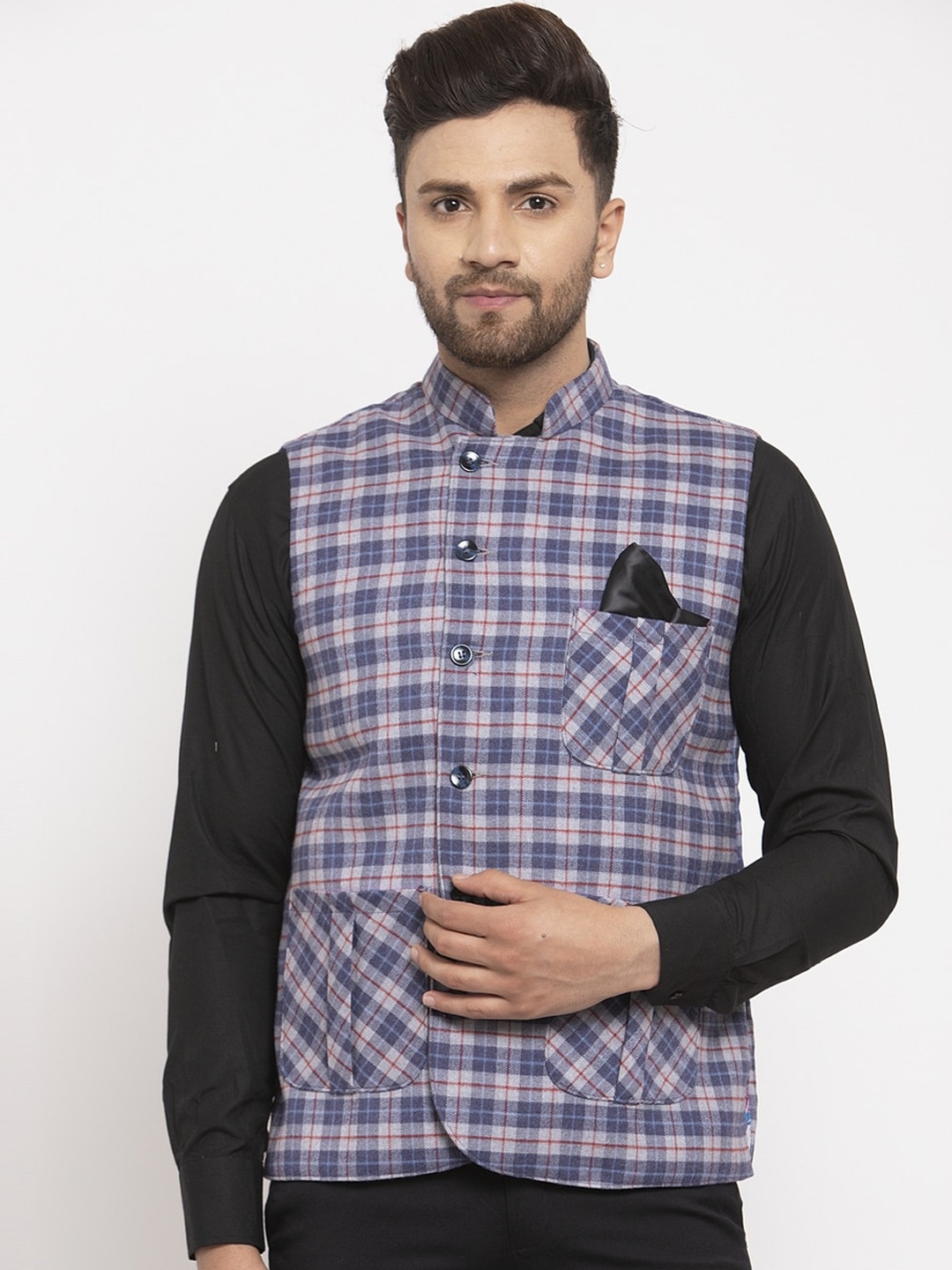 

KLOTTHE Men Blue & Red Checked Woven Nehru Jacket, Purple