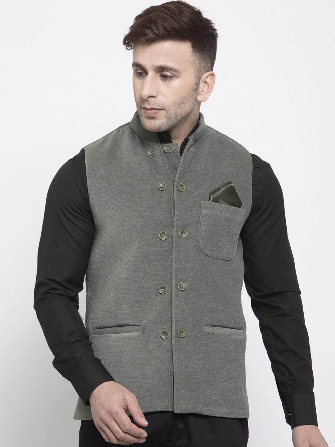 

KLOTTHE Men Grey Solid Woven Nehru Jacket