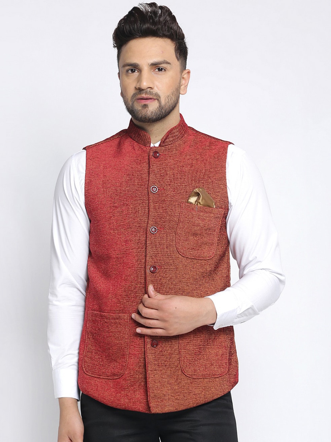 

KLOTTHE Men Orange Solid Woven Nehru Jacket