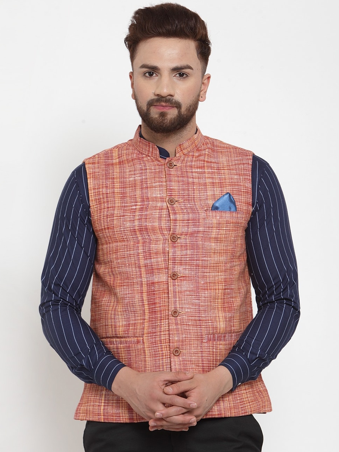 

KLOTTHE Men Orange Woven Design Pure Cotton Nehru Jacket