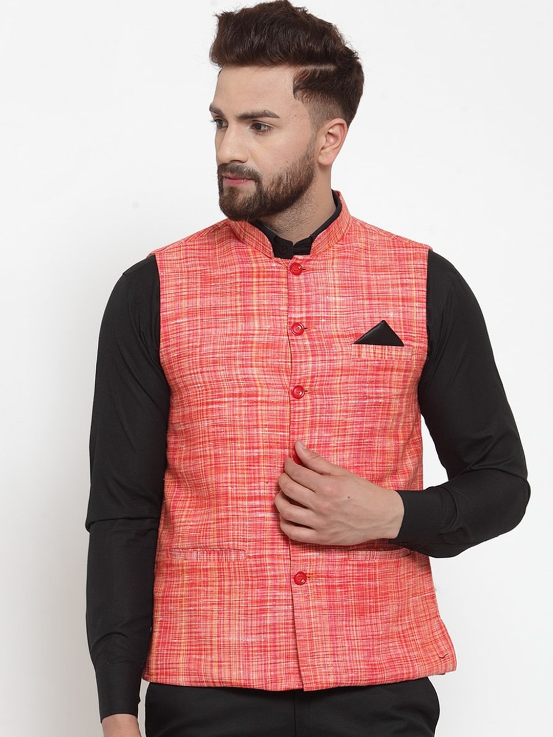 

KLOTTHE Men Red & Yellow Woven Design Pure Cotton Nehru Jacket