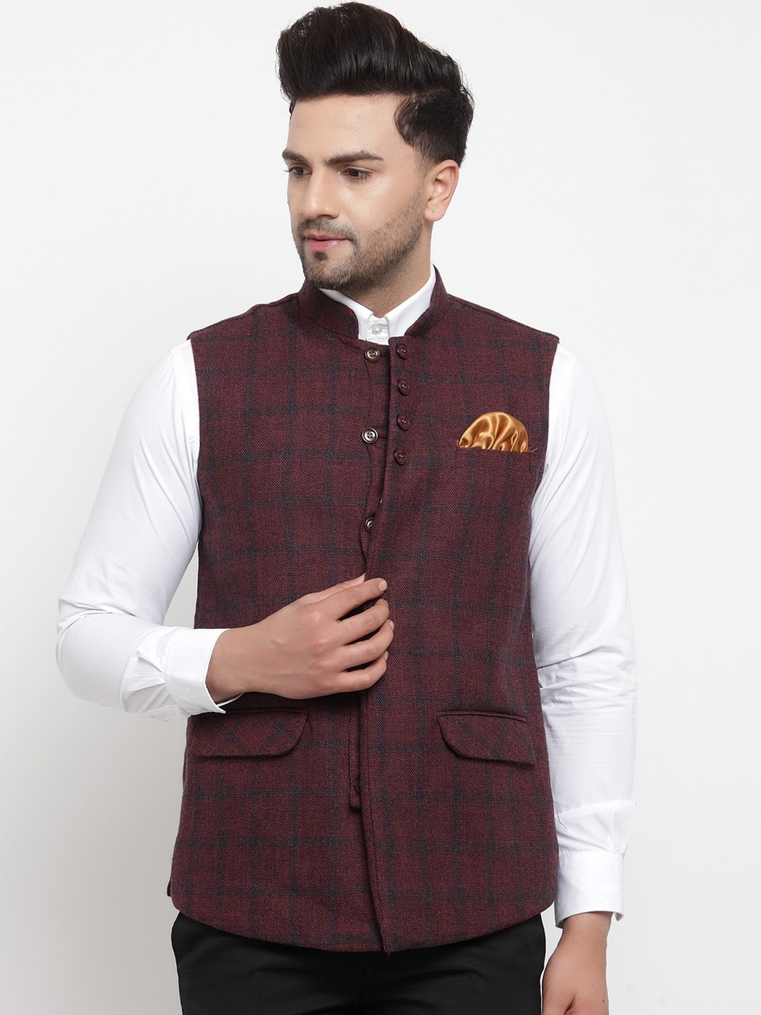 

KLOTTHE Men Maroon Checked Woven Nehru Jacket