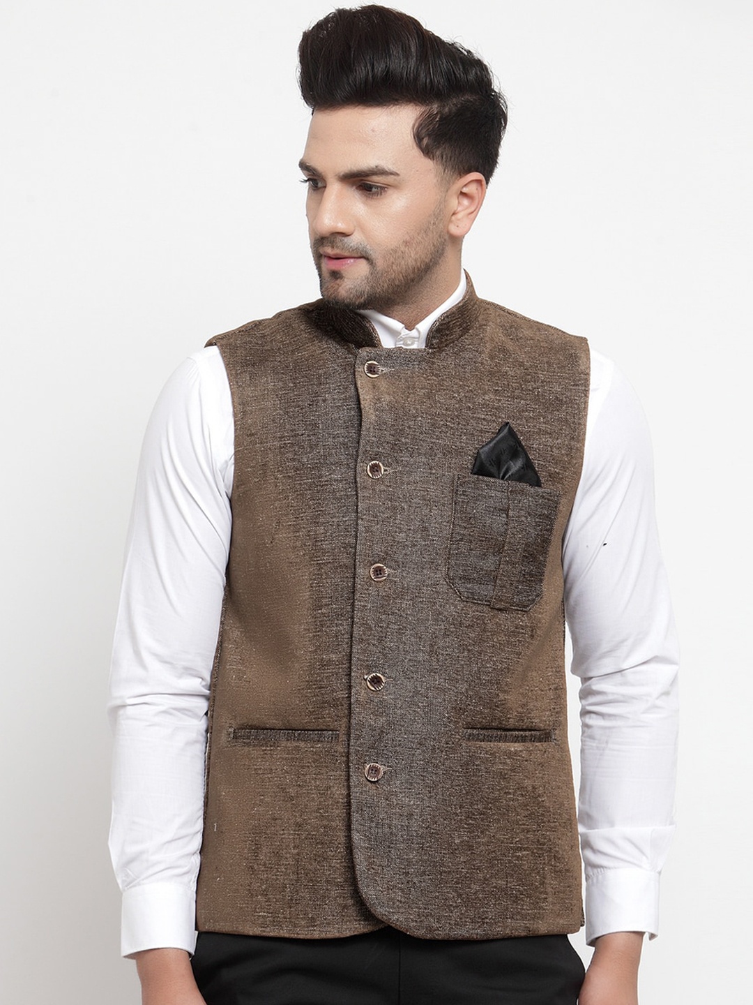 

KLOTTHE Men Brown Solid Woven Nehru Jacket