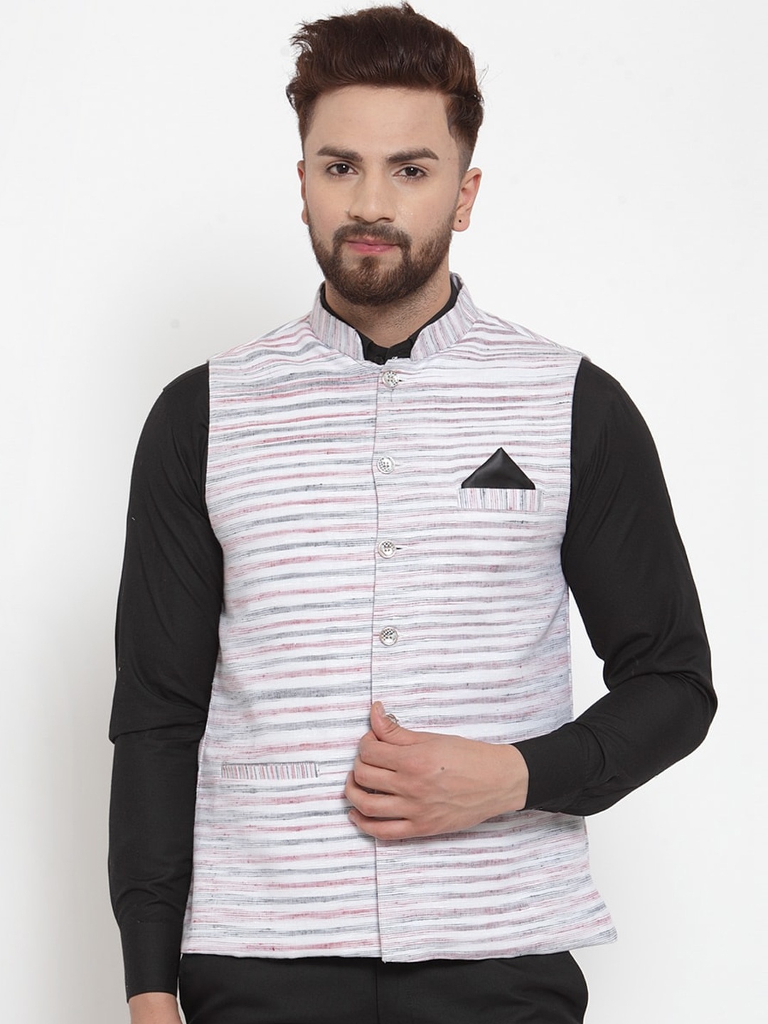 

KLOTTHE Men Off White Striped Pure Cotton Woven Nehru Jacket