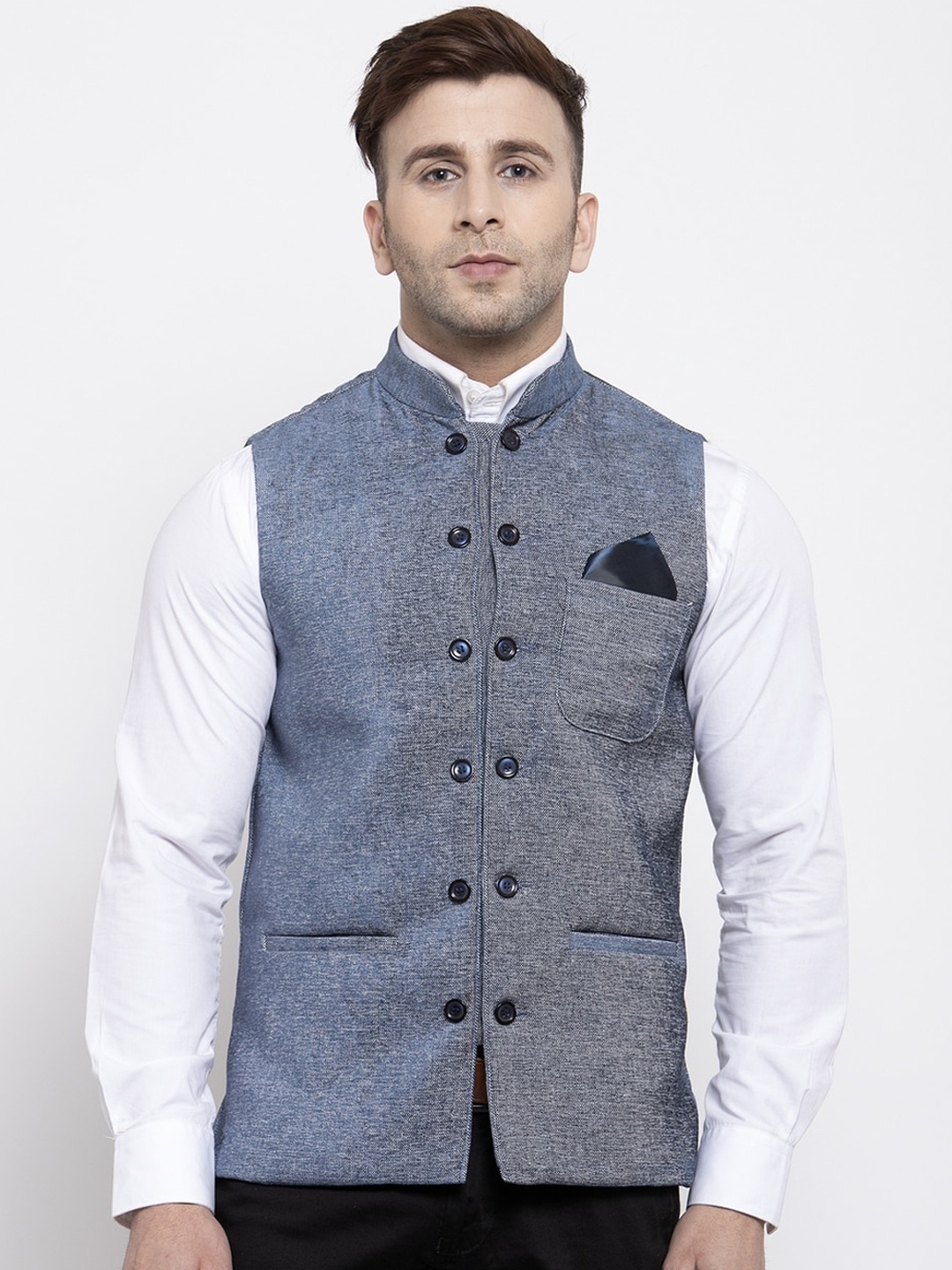 

KLOTTHE Men Blue Solid Woven Nehru Jacket