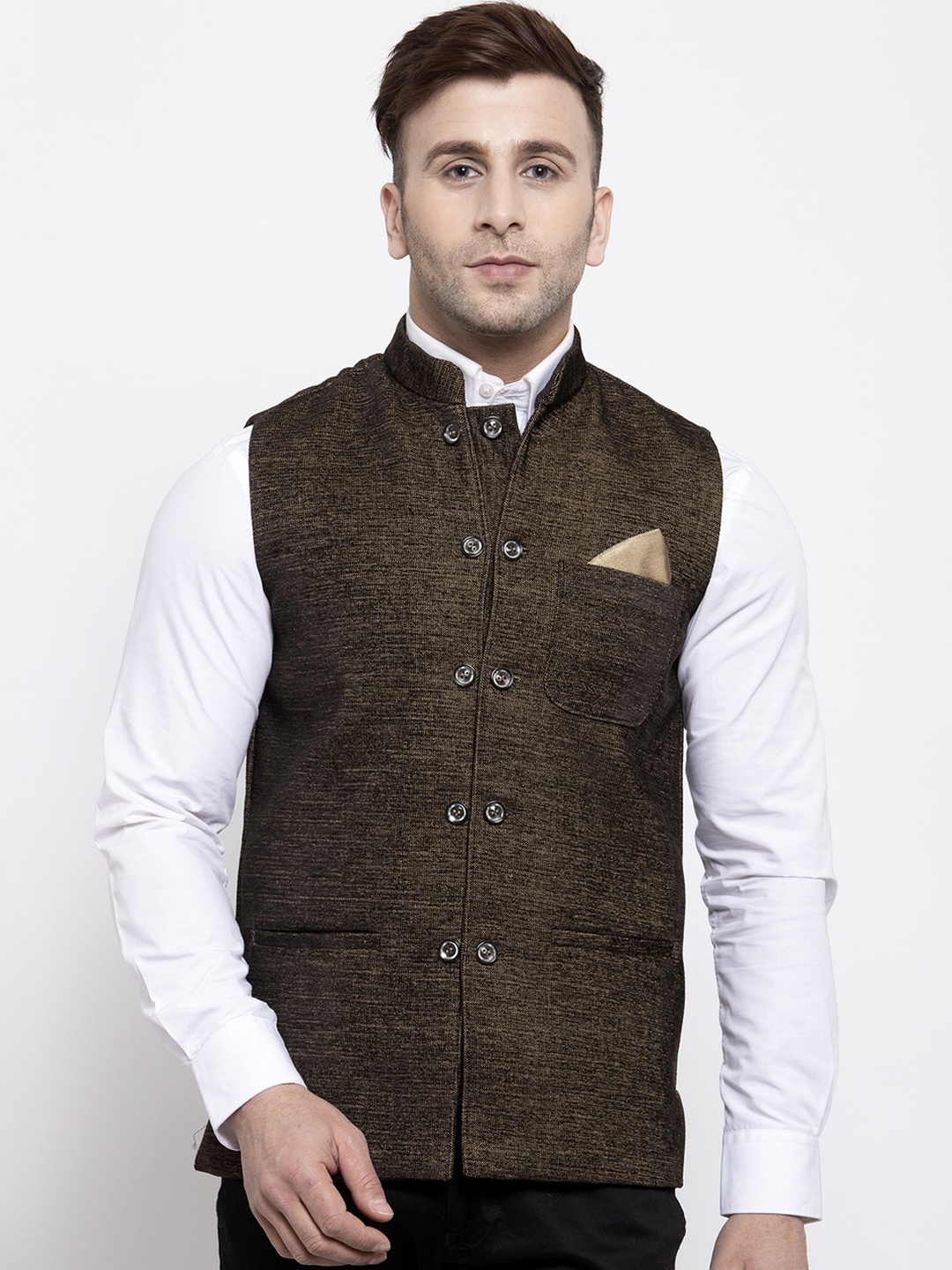 

KLOTTHE Men Brown Woven Design Nehru Jacket With Pocket Square