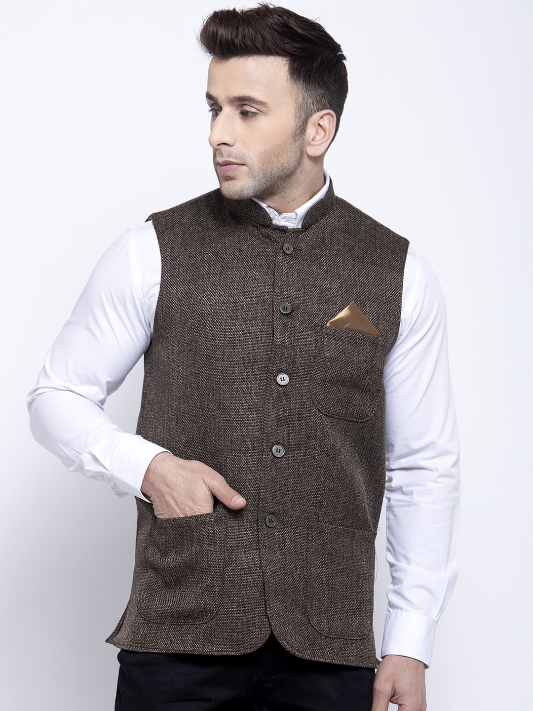 

KLOTTHE Men Brown Woven Design Nehru Jacket