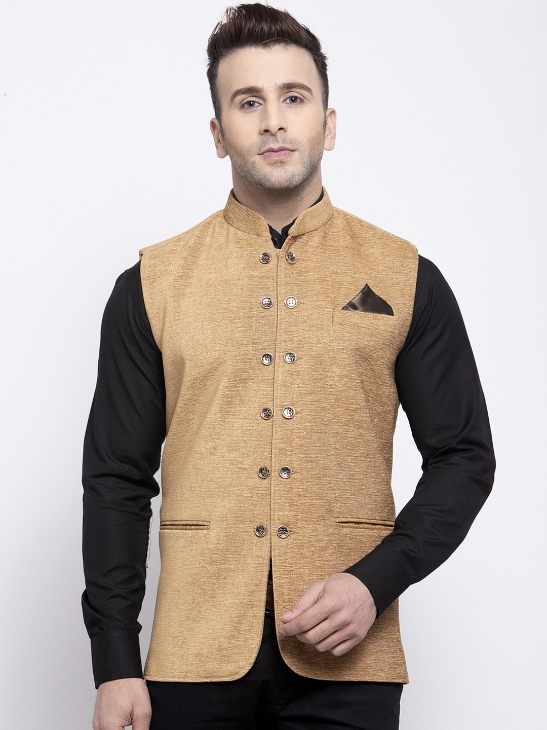 

KLOTTHE Men Beige Woven Design Nehru Jacket