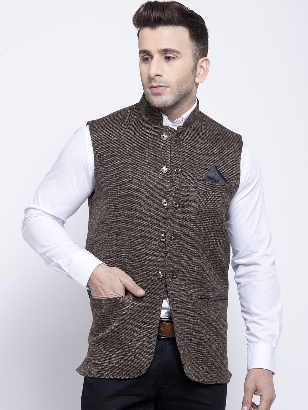 

KLOTTHE Men Brown Woven Design Nehru Jacket