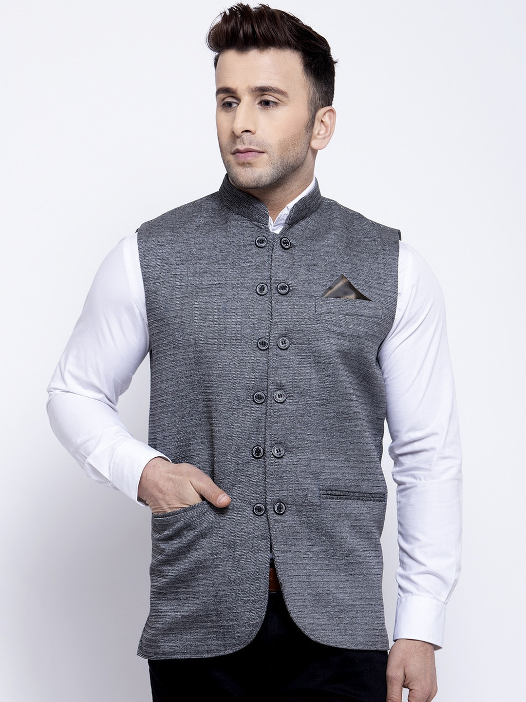 

KLOTTHE Men Grey Woven Design Nehru Jacket