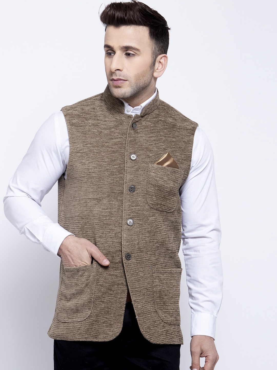 

KLOTTHE Men Brown Solid Woven Nehru Jacket