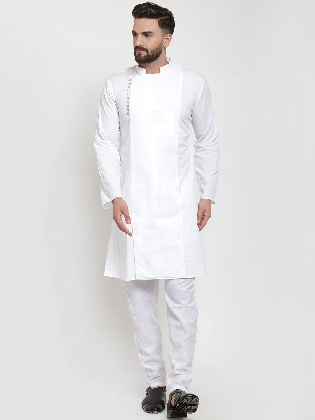 

Purple State Men Pure Cotton White Solid Straight Angrakha Kurta