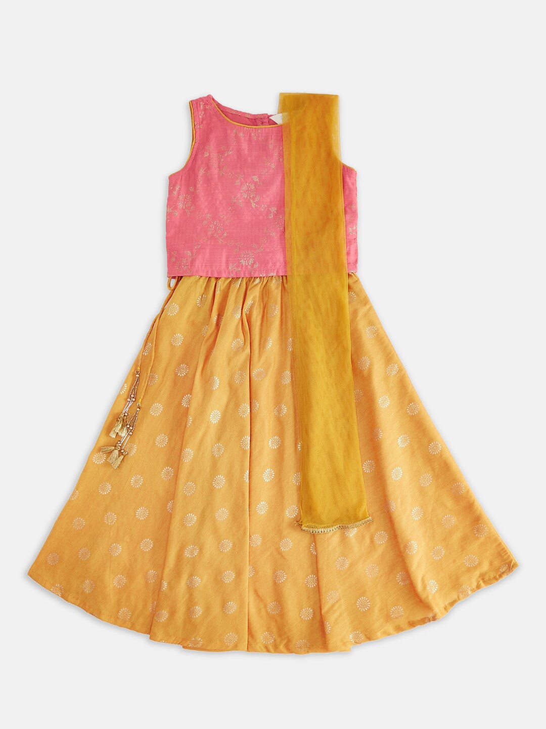 

AKKRITI BY PANTALOONS Girls Coral & Mustard Printed Ready to Wear Lehenga & Blouse With Dupatta