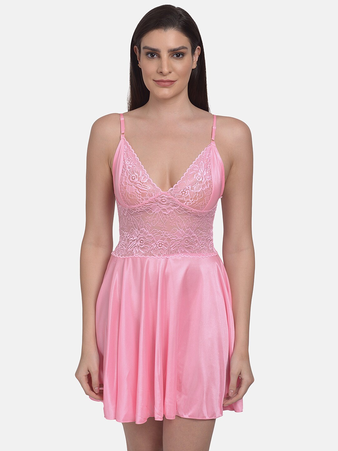 

mod & shy Pink Satin Lace Baby Doll with Briefs