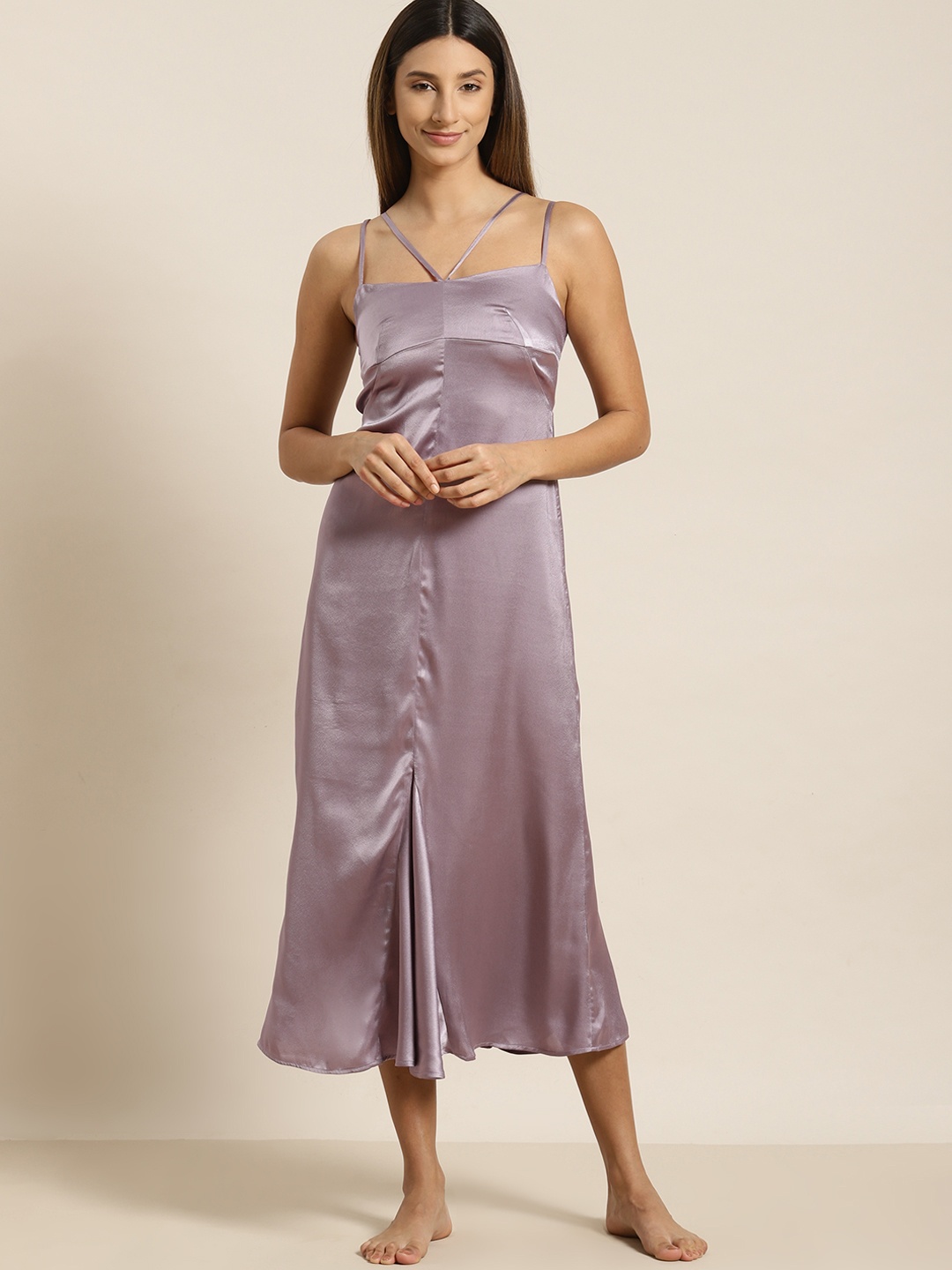 

ADORENITE Lavender Solid Satin Finish Midi Nightdress