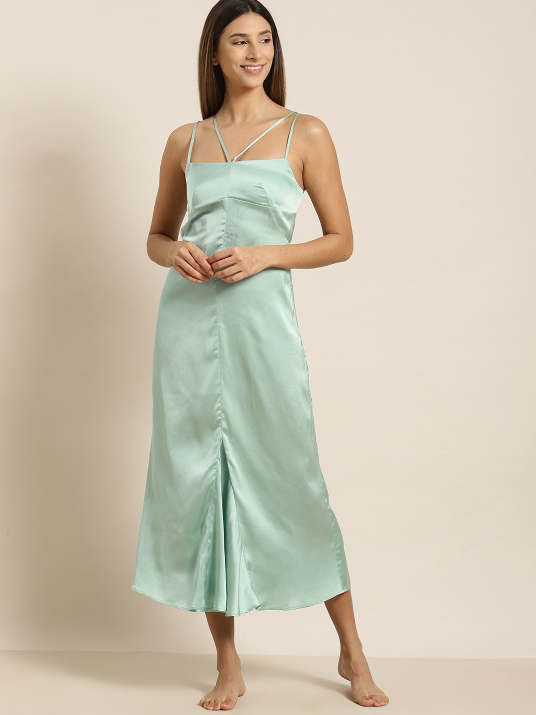 

ADORENITE Sea Green Solid Satin Finish Midi Nightdress