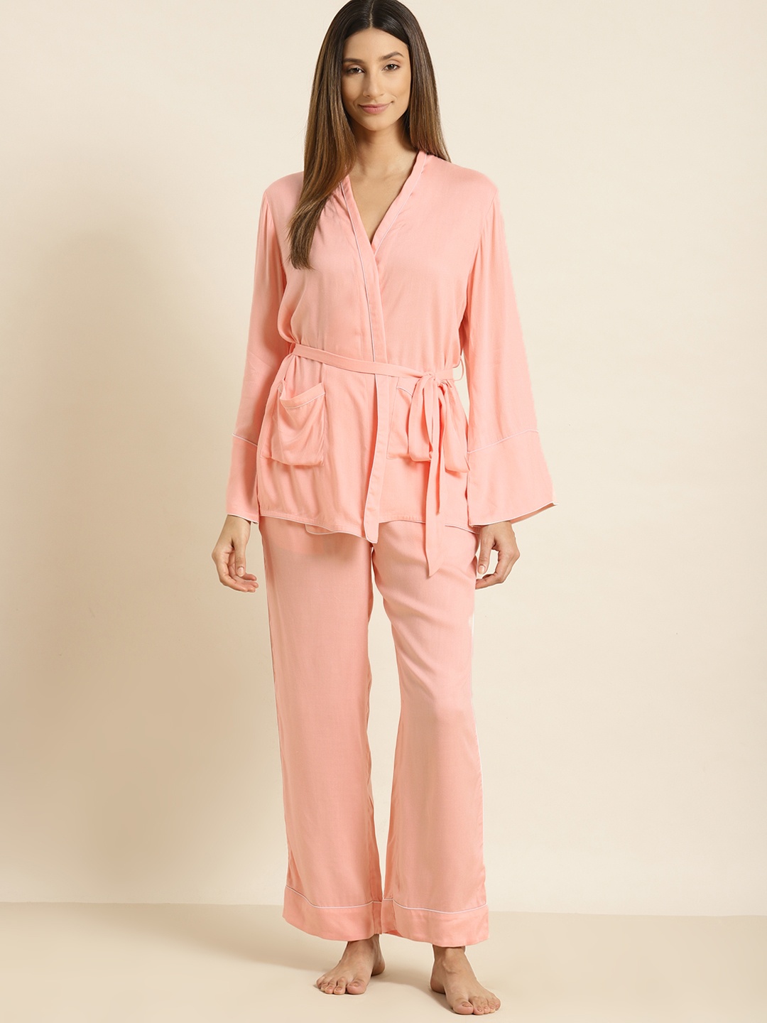 

ADORENITE Women Peach-Coloured Solid Wrap Night suit