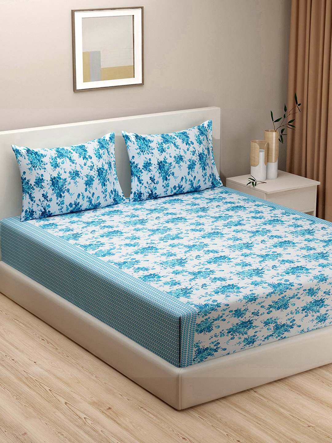 

SWAYAM Blue & White Floral Printed Cotton Vedic 144 TC King Bedsheet With 2 Pillow Covers