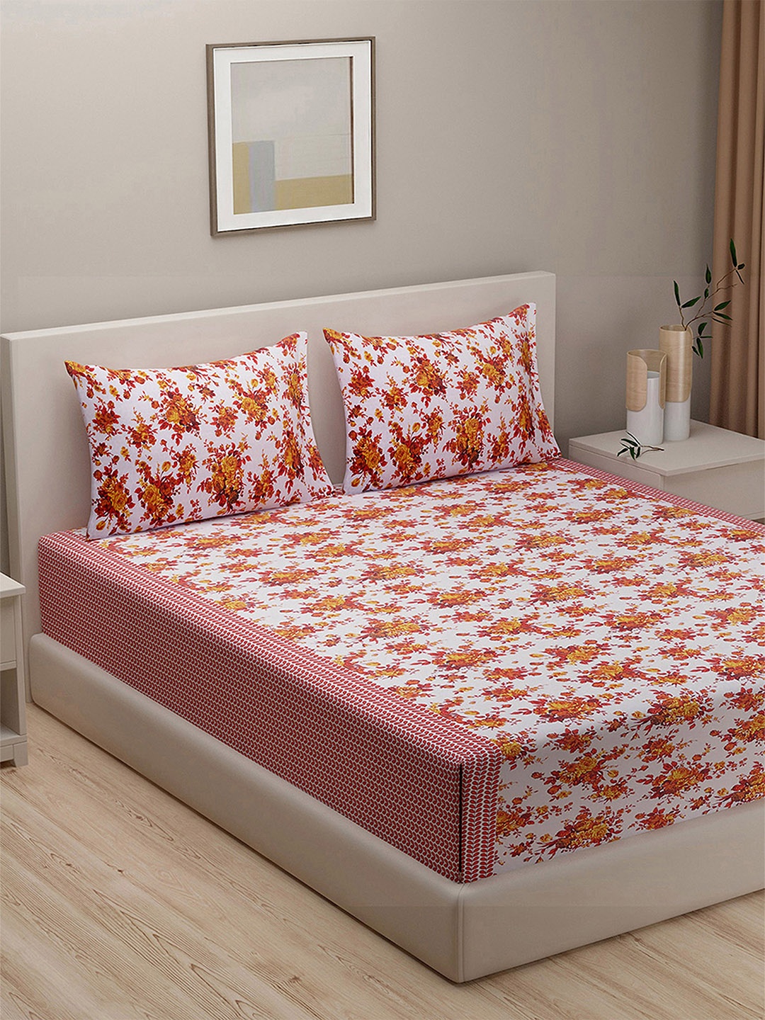 

SWAYAM Multicolour Veda Floral Print 160 TC Cotton Double Bedsheet Set, Red