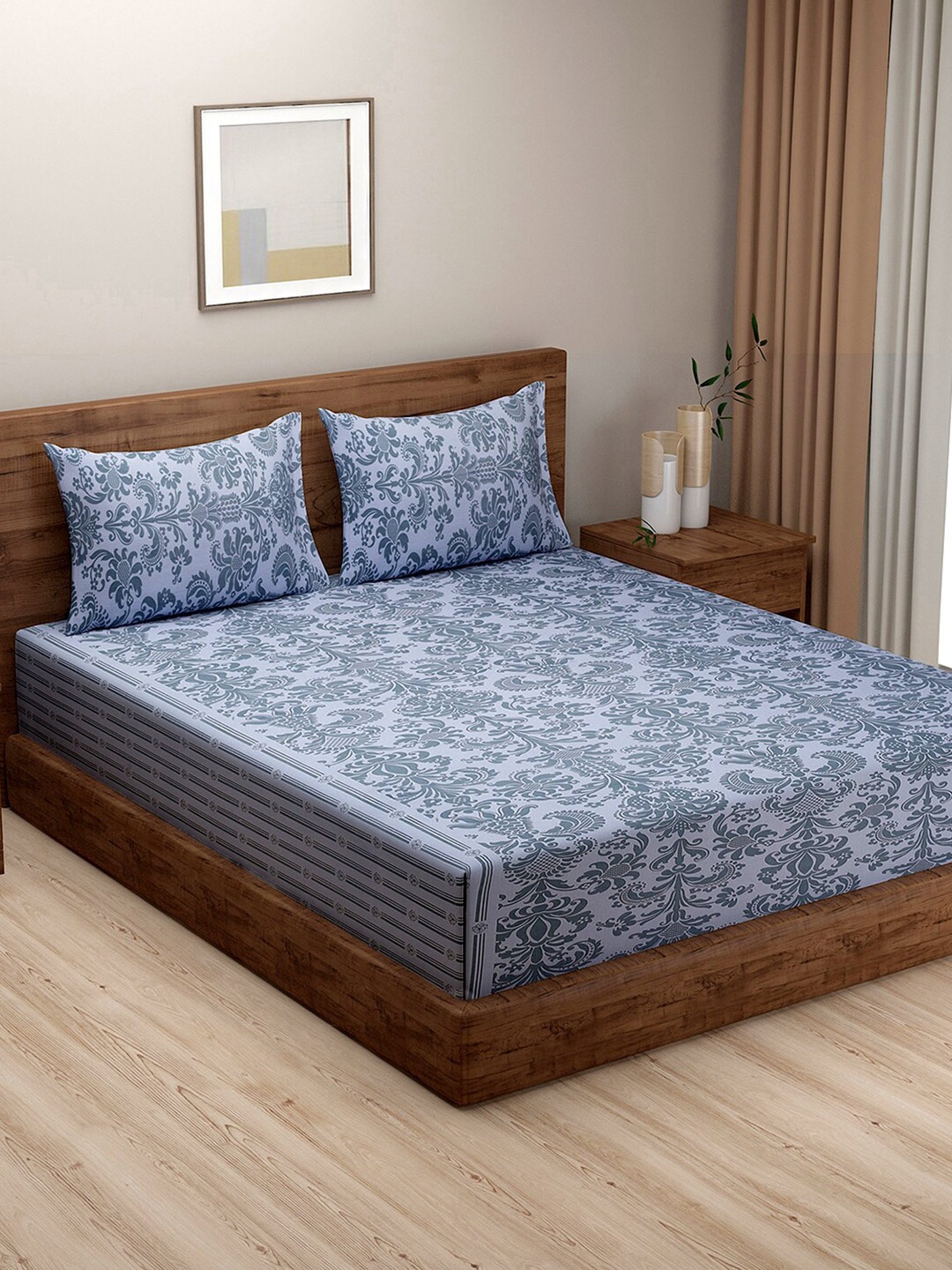 

SWAYAM Blue & Grey Ethnic Motifs 144 TC King Bedsheet with 2 Pillow Covers