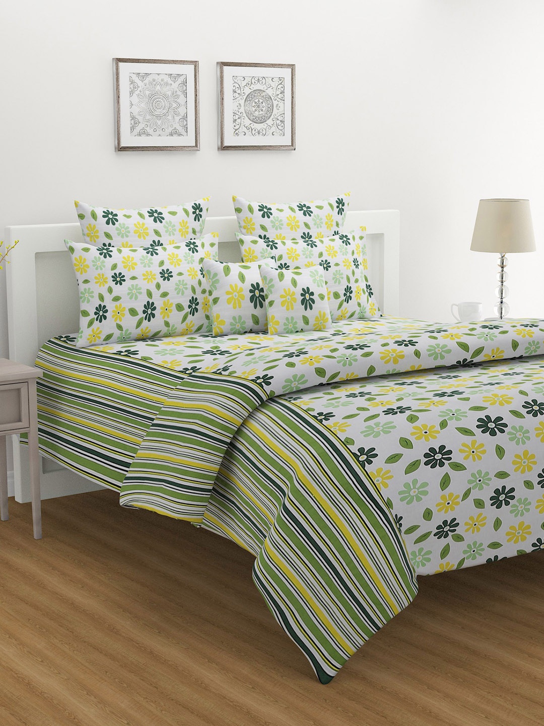 

SWAYAM Green & Yellow Floral Print 160 TC Cotton Double Bedsheet Set