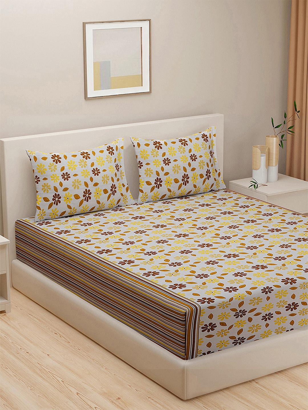 

SWAYAM yellow Veda Floral Print 160 TC Cotton Double Bedsheet Set