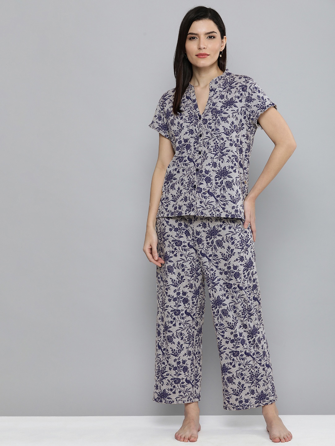 

Chemistry Women Grey Melange Printed Night Suit