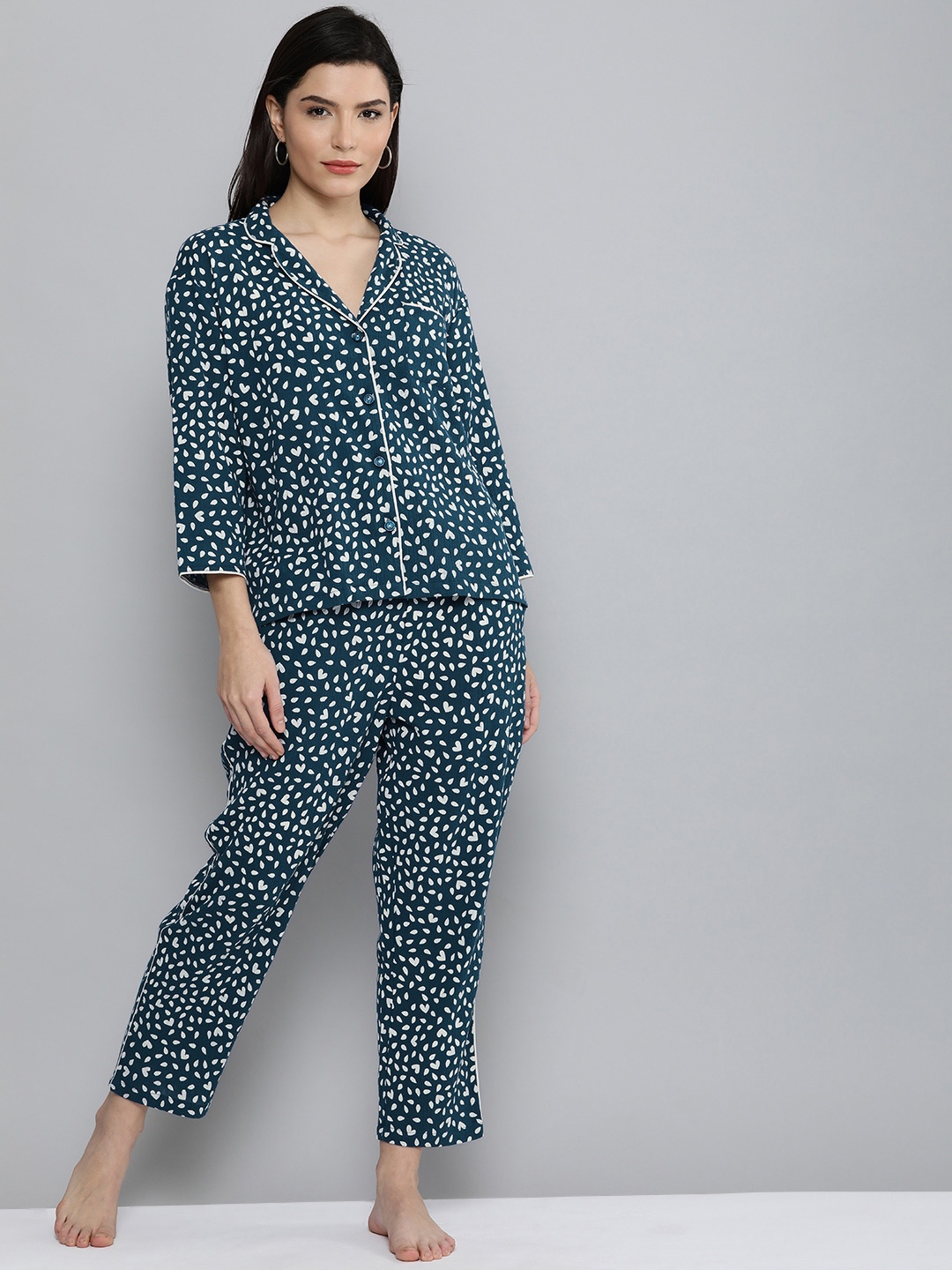 

Chemistry Women Teal Blue Printed Pure Cotton Pyjama Set