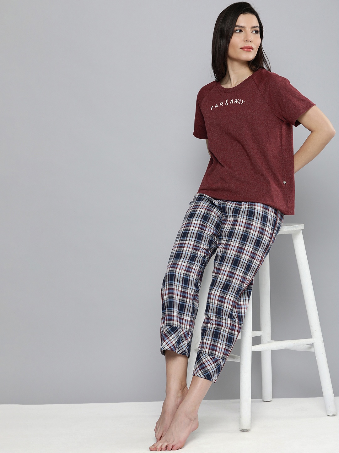 

Chemistry Women Burgundy & Navy Blue Printed Pure Cotton Night Suit