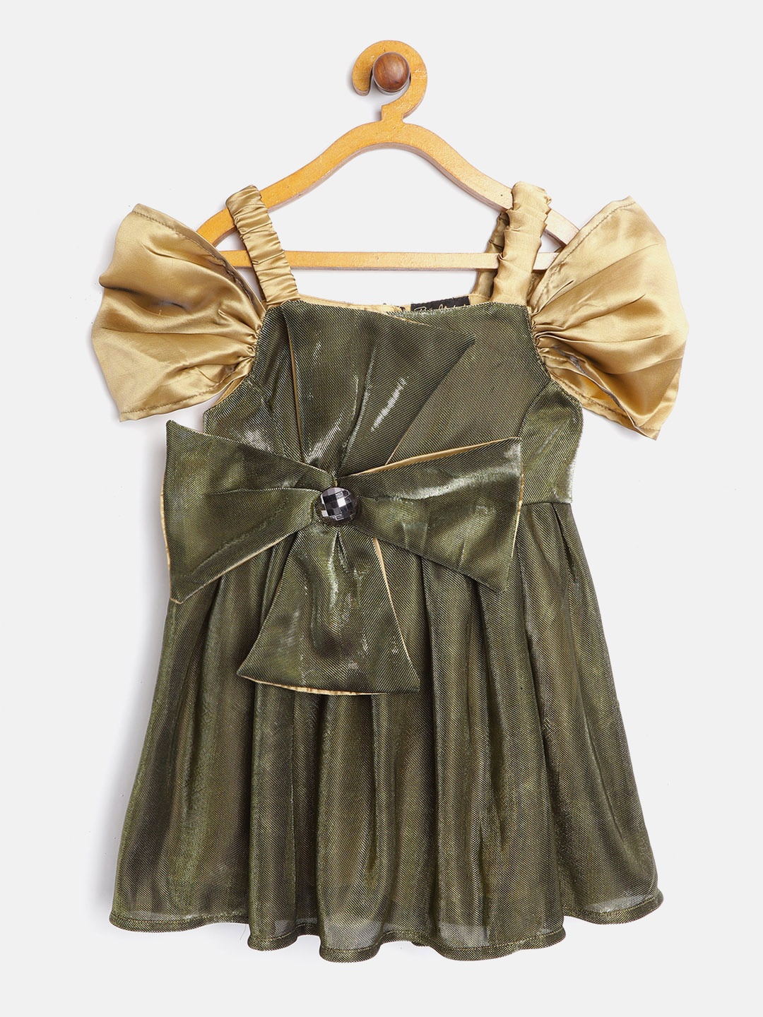 

Bella Moda Girls Olive Green & Gold-Toned Solid Fit & Flare Dress with Bow Detail