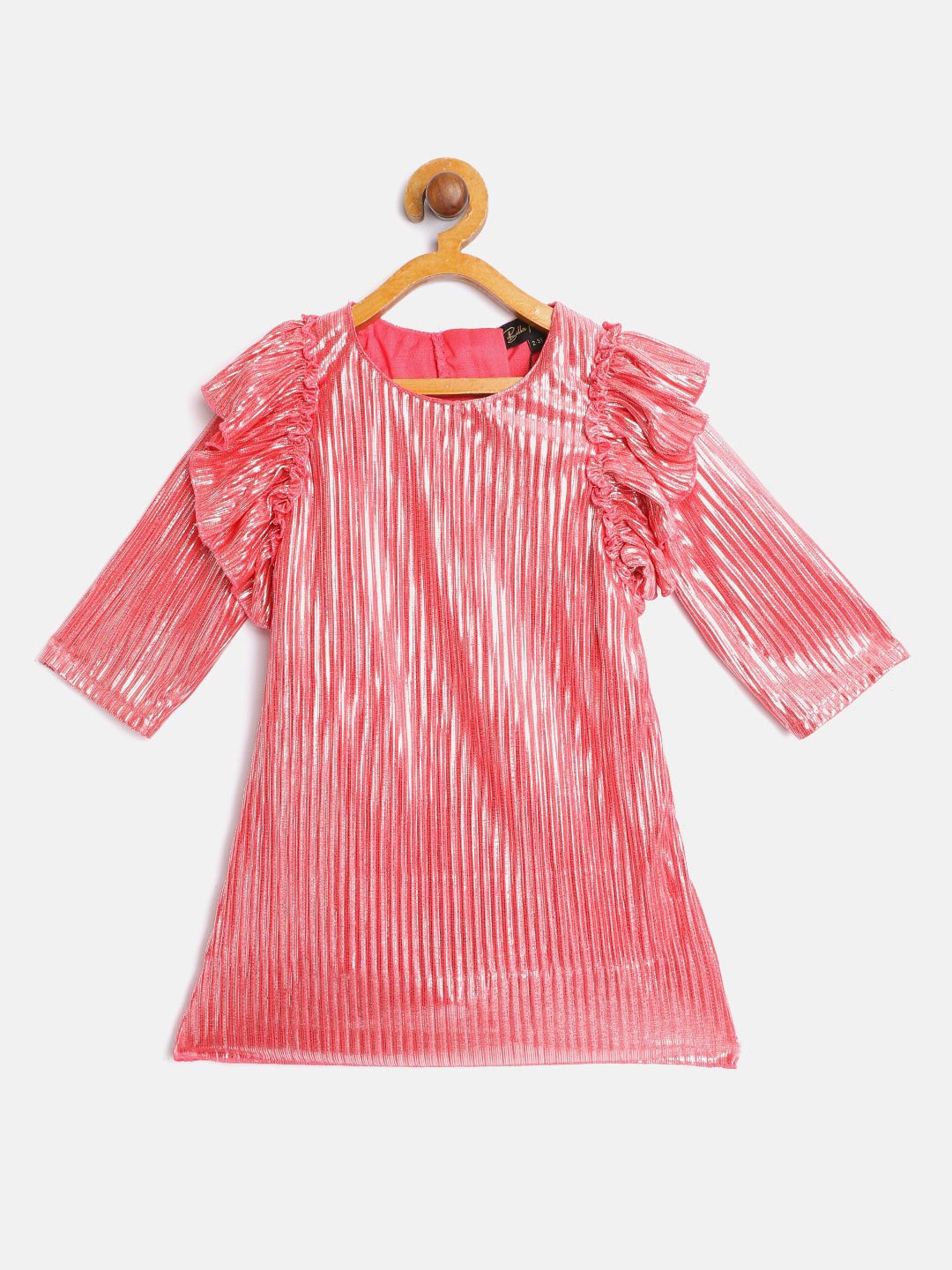 

Bella Moda Pink Embellished Striped Ruffled A-Line Dress