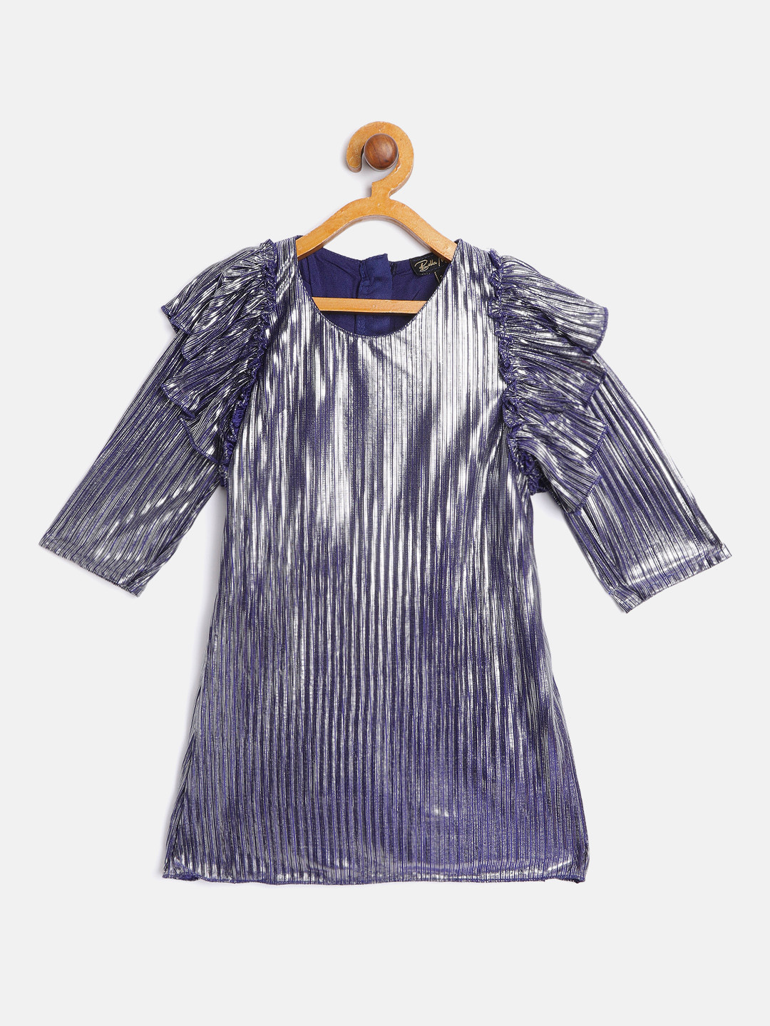 

Bella Moda Navy Blue Embellished Striped Ruffled A-Line Dress