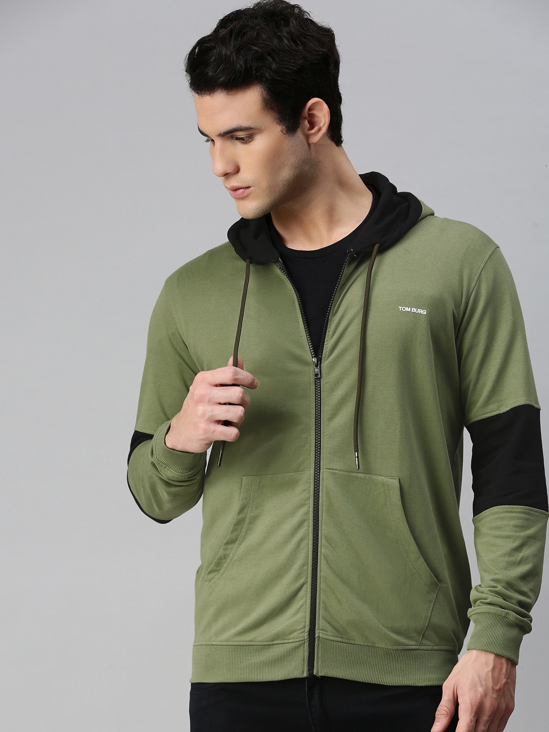 

TOM BURG Men Olive Green & Black Colourblocked Hooded Cotton Sweatshirt