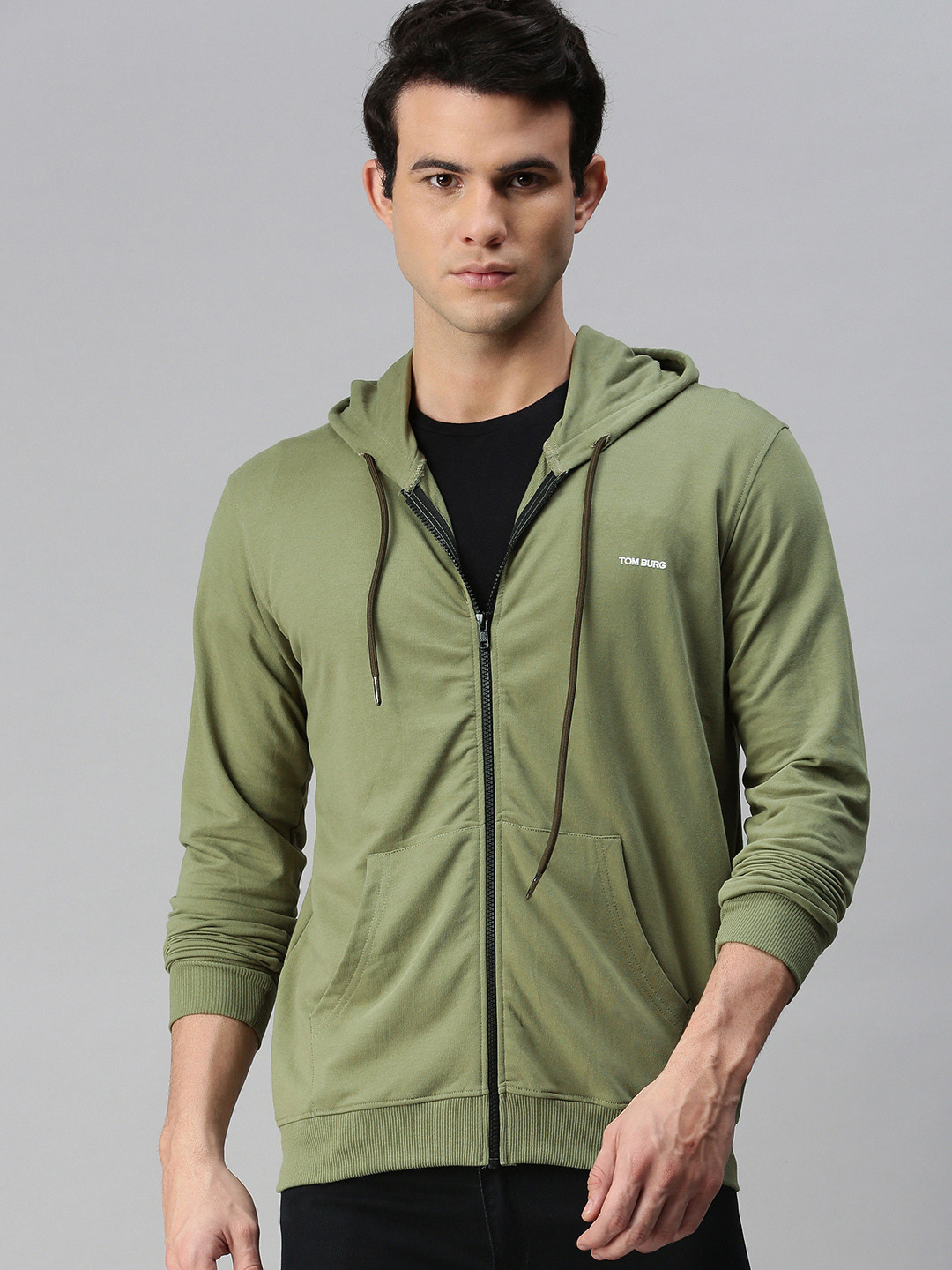 

TOM BURG Men Olive Green Pure Cotton Hooded Sweatshirt