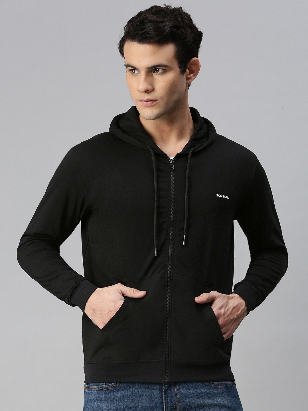 

TOM BURG Men Black Pure Cotton Hooded Sweatshirt