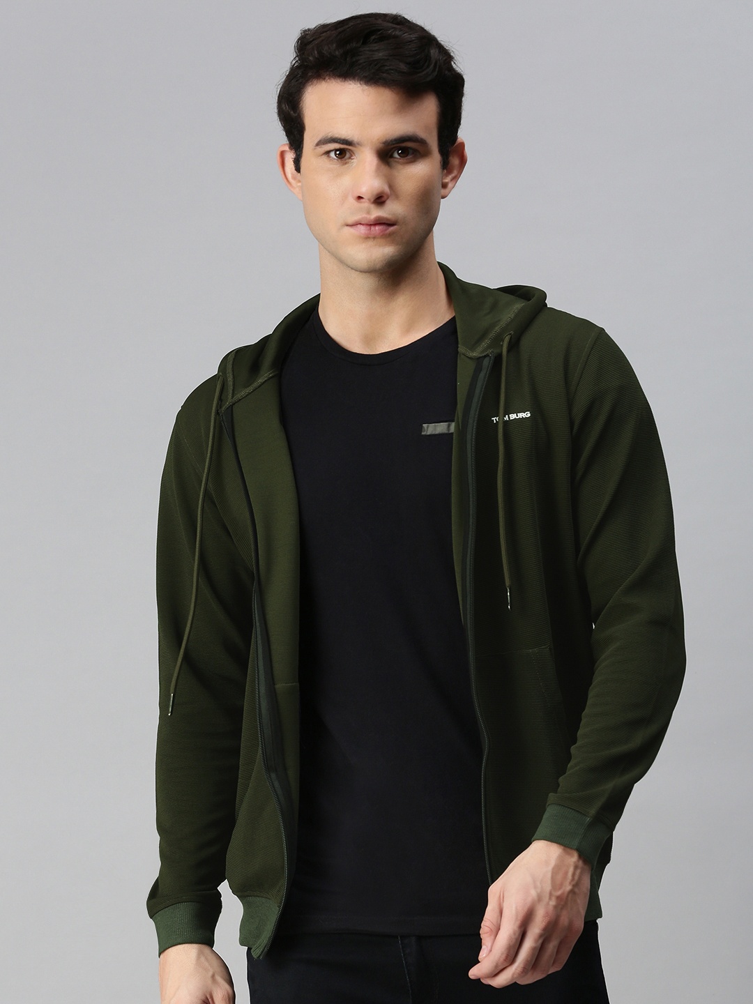 

TOM BURG Men Olive Green Hooded Sweatshirt