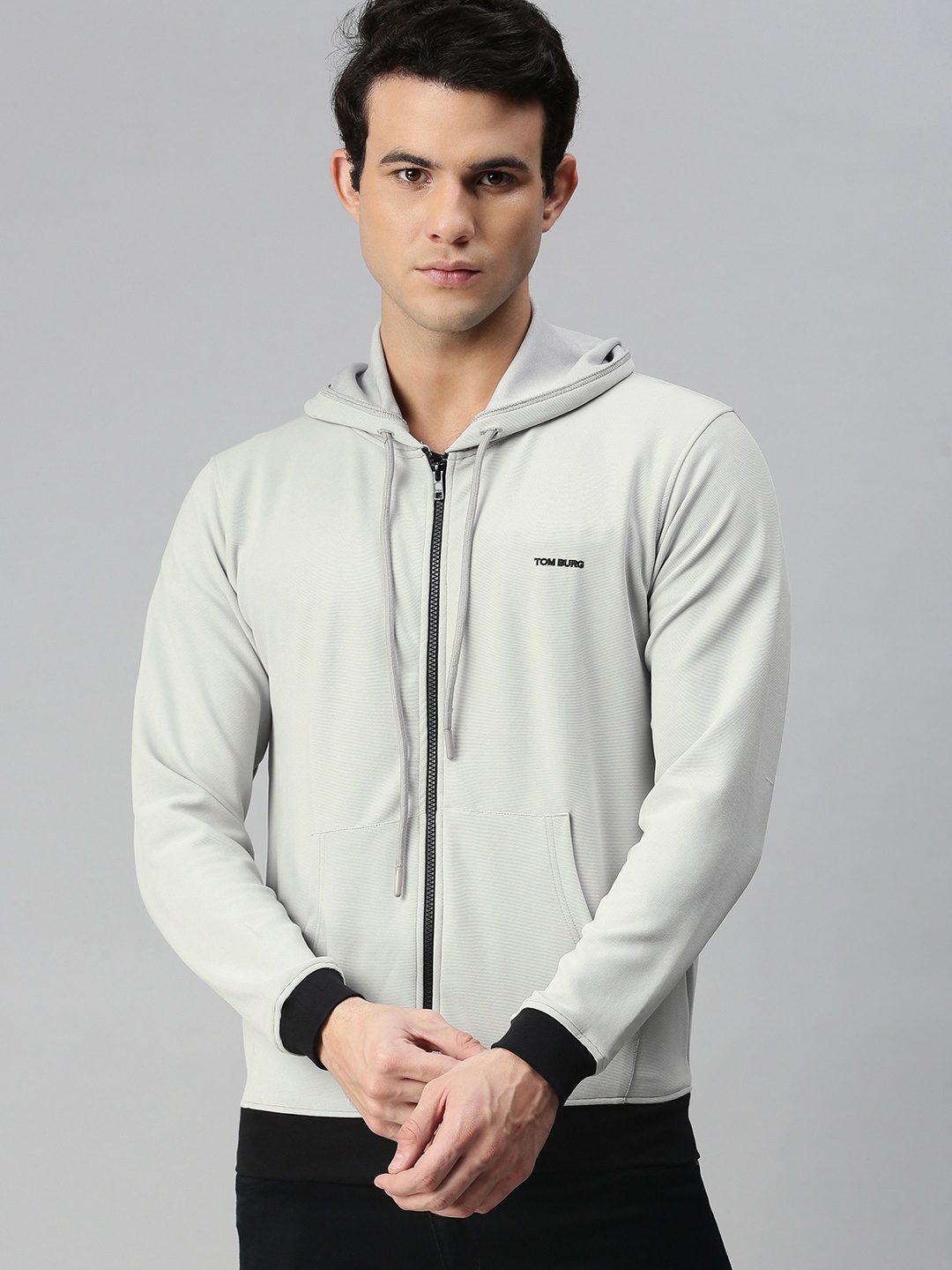 

TOM BURG Men Grey Pure Cotton Hooded Sweatshirt