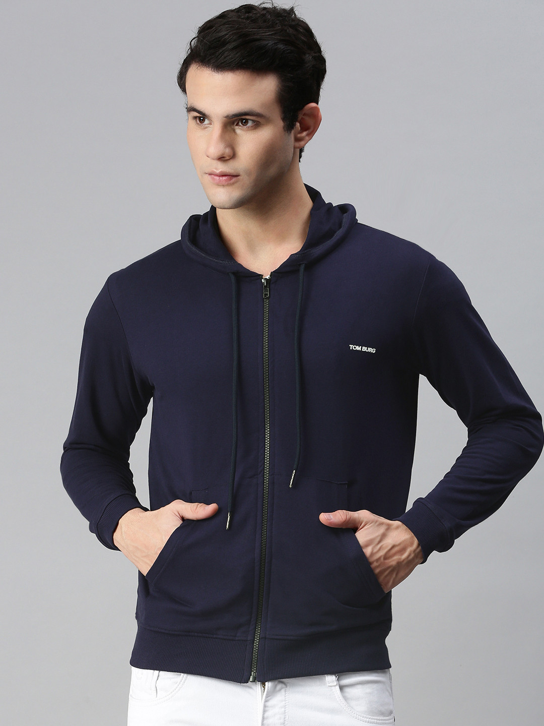 

TOM BURG Men Navy Blue Hooded Cotton Sweatshirt