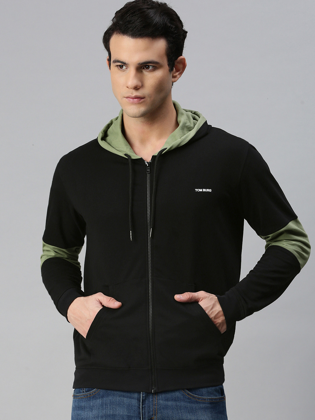 

TOM BURG Men Black Pure Cotton Hooded Sweatshirt