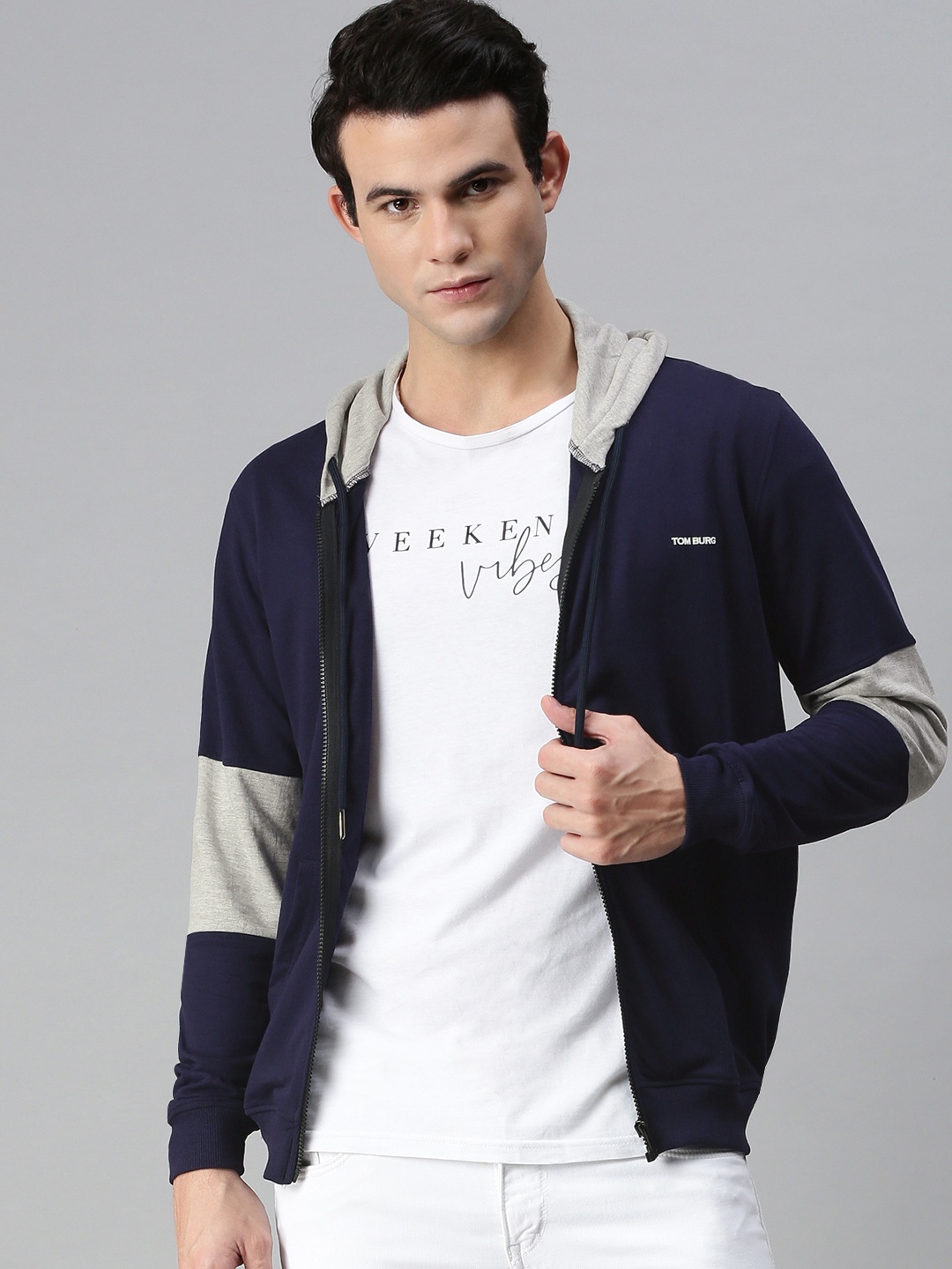 

TOM BURG Men Navy Blue & Grey Colourblocked Hooded Cotton Sweatshirt