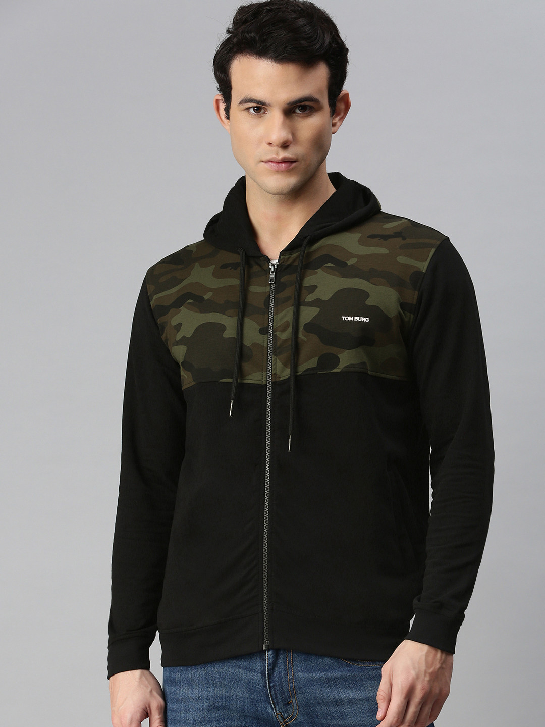 

TOM BURG Men Olive Green & Black Camouflage Water Resistant Open Front Jacket