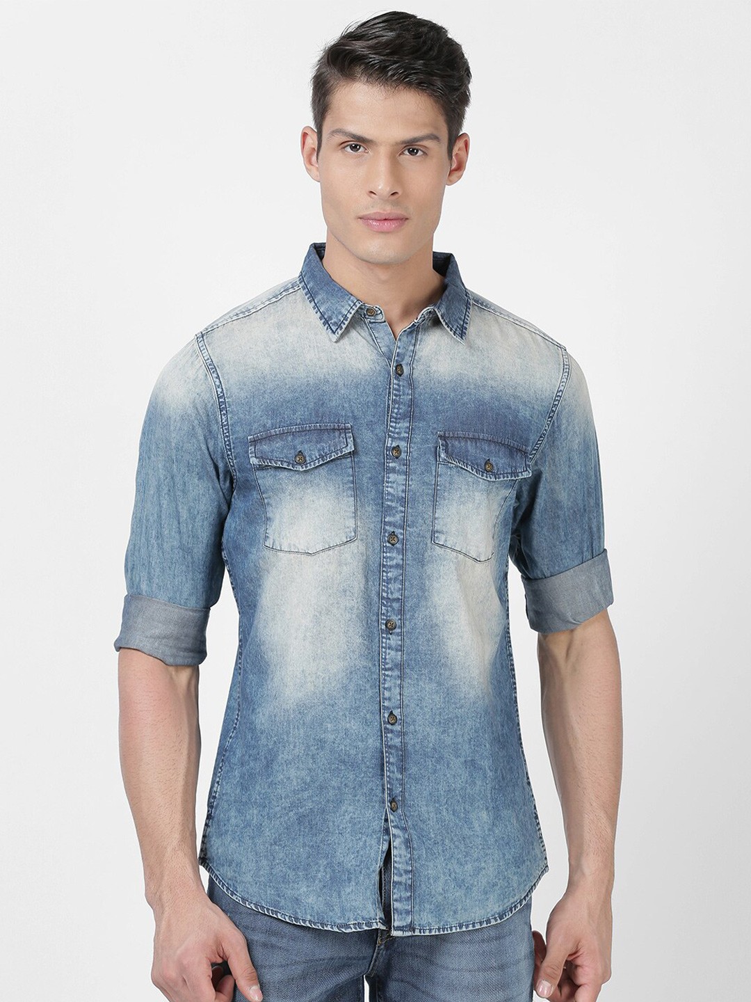 

Llak Jeans Men Blue Slim Fit Faded Opaque Faded Pure Cotton Denim Casual Shirt