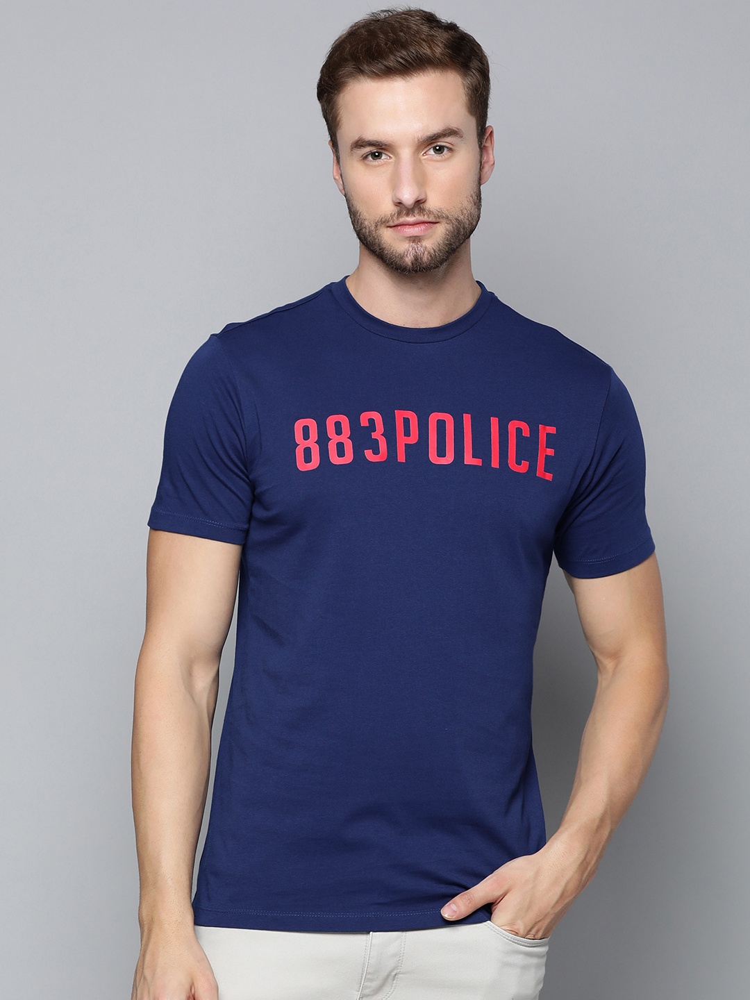 

883 Police Men Navy Blue & Red Brand Logo Printed Pure Cotton T-shirt