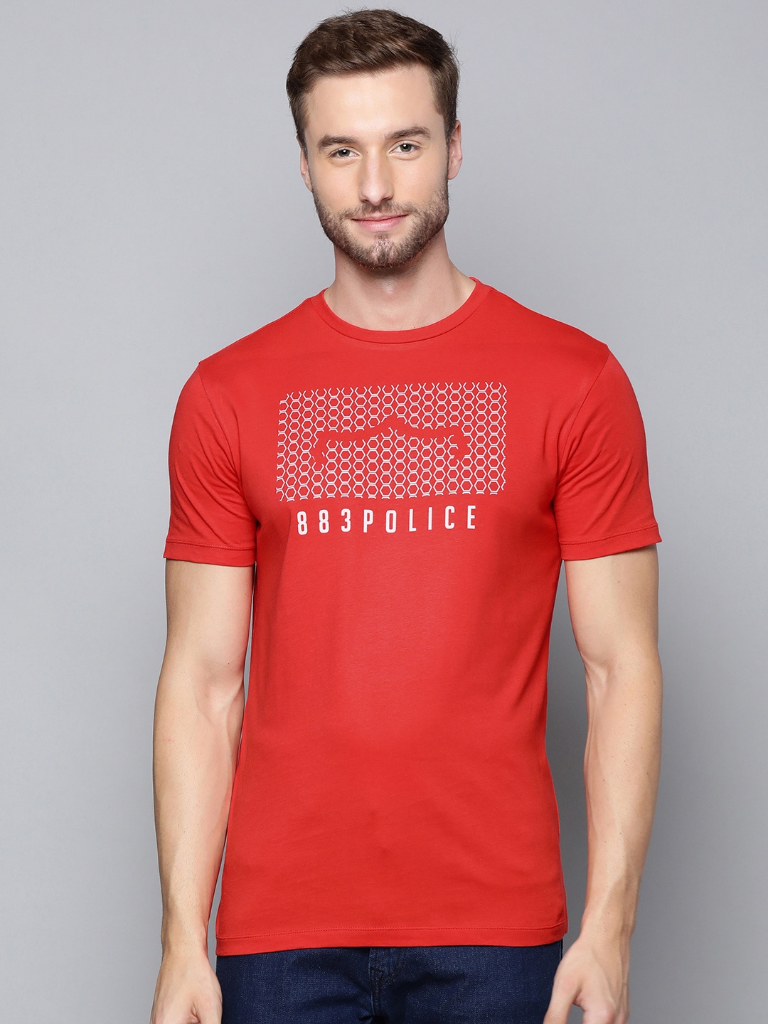 

883 Police Men Red Brand Logo Printed Pure Cotton T-shirt