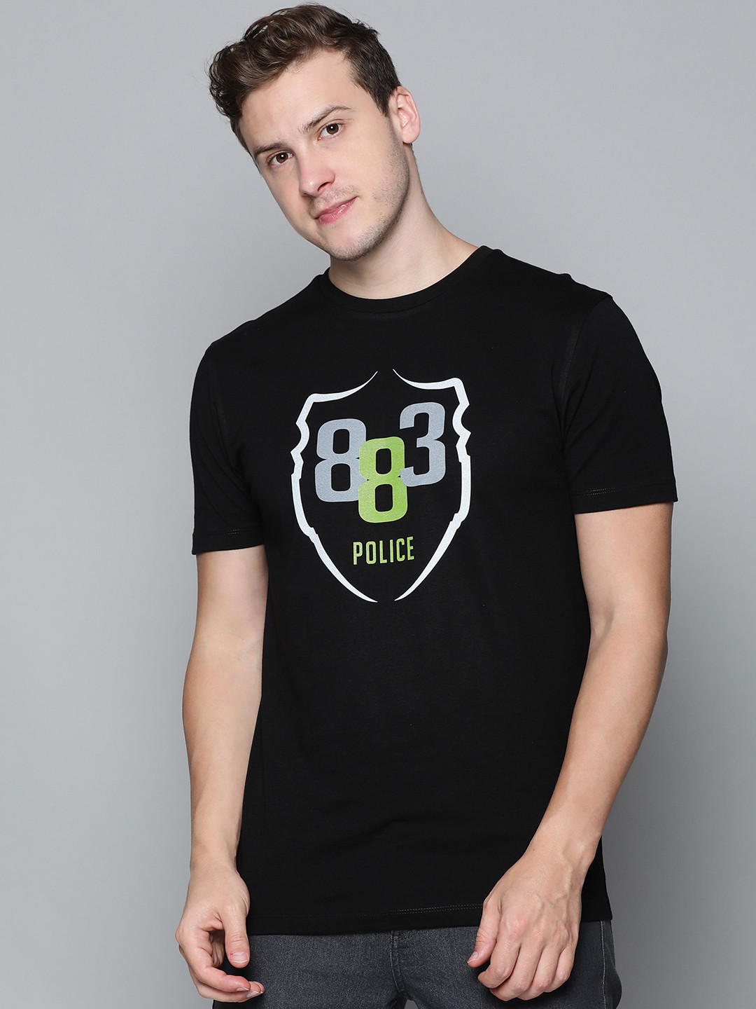 

883 Police Men Black Brand Logo Printed Pure Cotton T-shirt