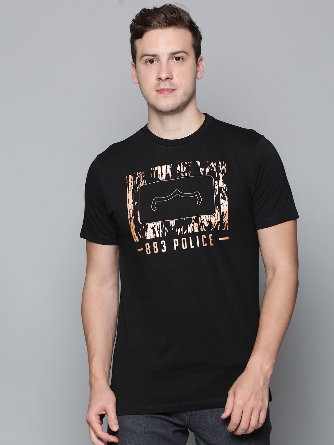 

883 Police Men Black Brand Logo Printed Pure Cotton T-shirt