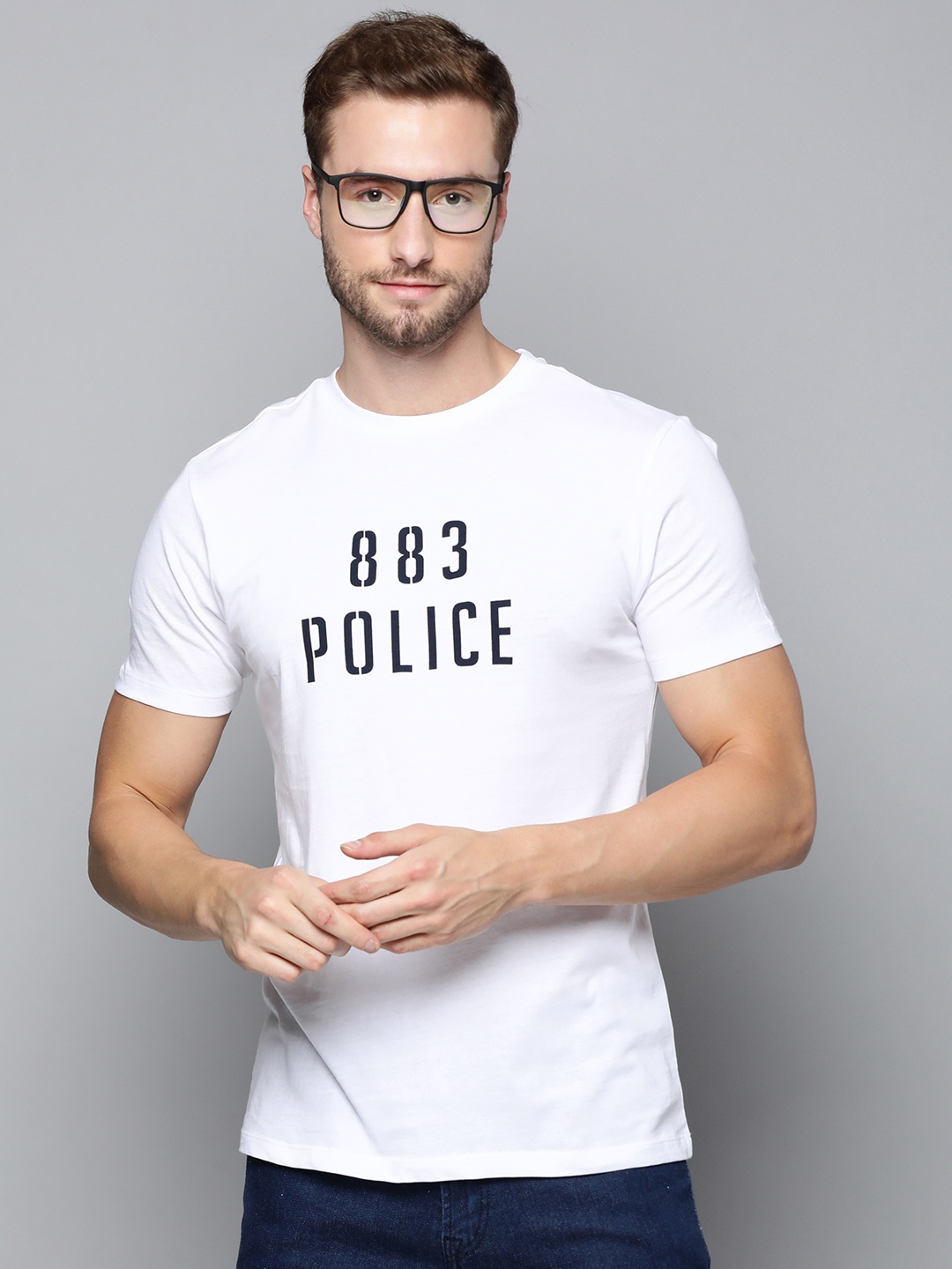

883 Police Men White Brand Logo Printed Pure Cotton T-shirt